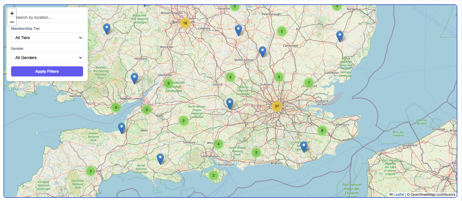 Climaxx Media talent map showing adult film performers across UK and Europe